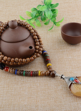 复古民族风鸡翅木菩提转运珠项链