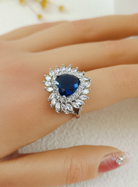 轻奢彩宝超闪锆石心形开口戒指