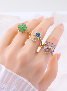 轻奢女士铜花朵锆石开口旋转戒指