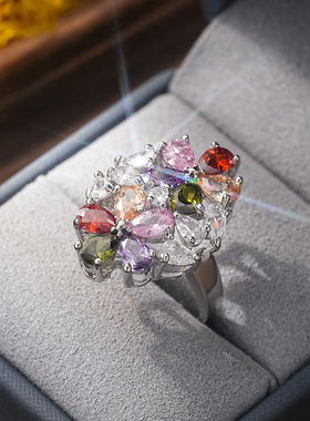 轻奢彩锆花朵戒指女士礼服配饰