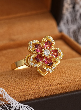 创意旋转彩色锆石花朵活口戒指