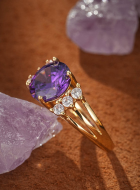 跨境彩宝戒指轻奢高级感女士镶嵌AAA锆石指环复古气质紫水晶饰品