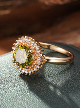 欧美轻奢金色锆石橄榄绿花戒指