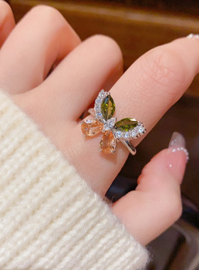 轻奢镶钻撞色蝴蝶开口戒百搭