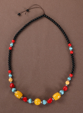 藏式复古长款松石天珠吊坠项链