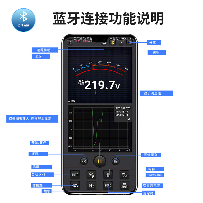 众仪电测APP蓝牙智能万用表防烧远程数据监控可测在线电阻功率