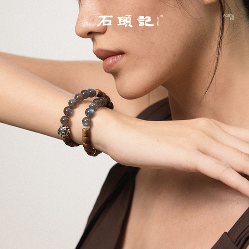 iSTONE/石头记天然灰月光沉香手串双圈转运珠六字箴言新中式手链 - 图3