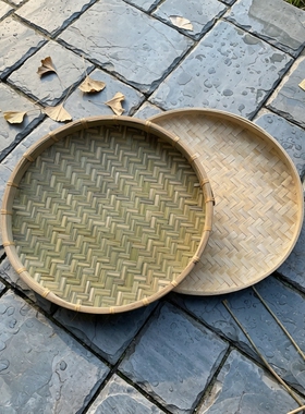 青皮竹编织簸箕圆形绘画无孔
