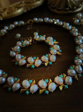 中古vintage感珍珠耳钉 古董杂志时尚气质珍珠项链手链套装