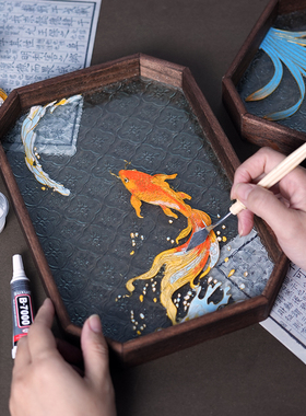 非遗掐丝珐琅托盘画手工diy复古海棠花玻璃茶盘材料包景泰蓝手作