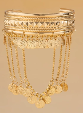 敦煌风金属钱币流苏开口臂镯女