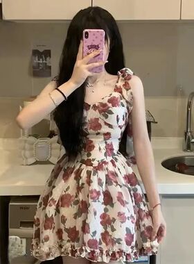 Romantic Red Tea Rose Floral Print Mini Dress Women's Sleeve