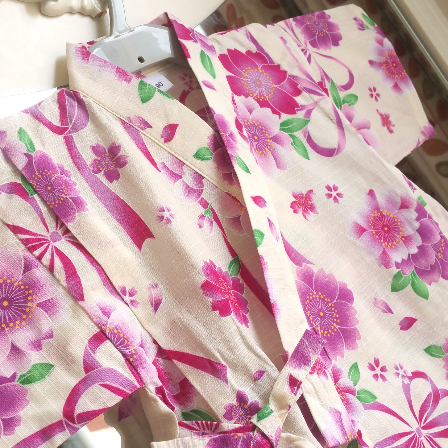 纯棉方格布 日本原单樱花女宝宝和服套装家居服汗蒸睡衣演出米紫