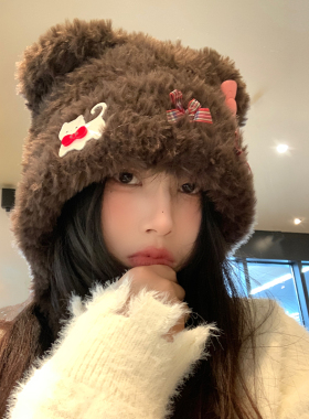 山吉小熊耳朵猫咪蝴蝶结毛绒帽