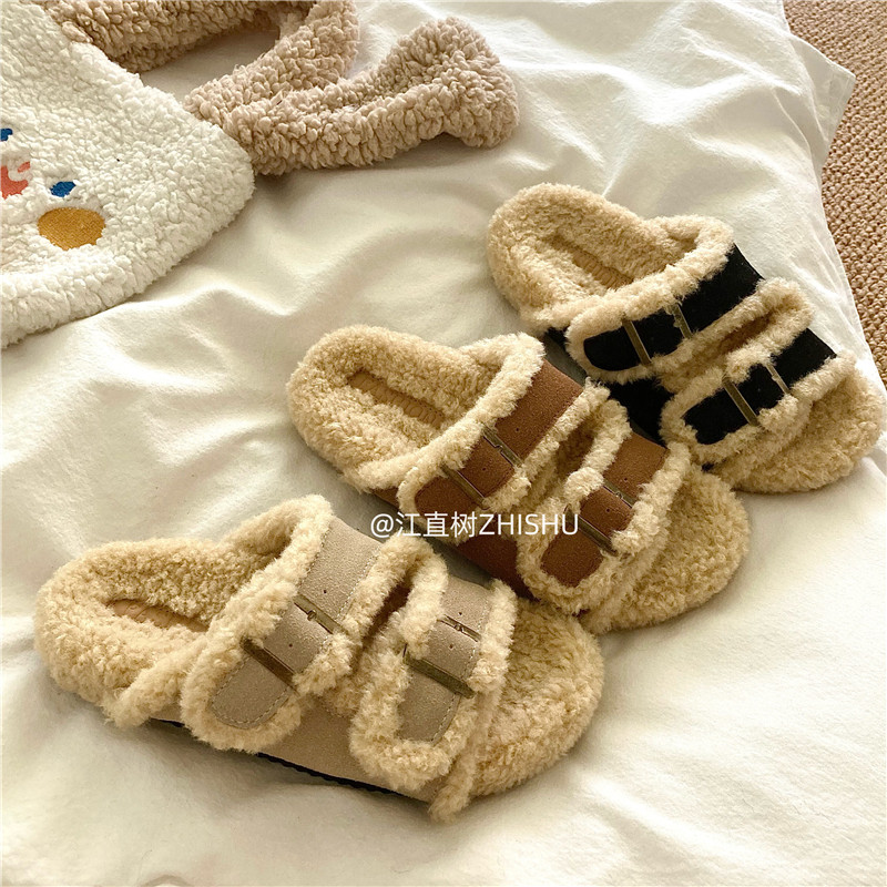 冬日小暖炉~！巨厚羊羔毛勃肯棉拖鞋女冬季外穿厚底保暖毛毛拖鞋,淘宝优惠券,粉丝福利购,淘宝优惠卷
