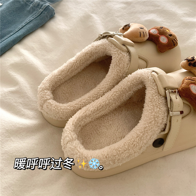 黑皮奶油kt~!防水eva可爱棉拖鞋女包头保暖加绒冬季厚底毛毛拖鞋 - 图1