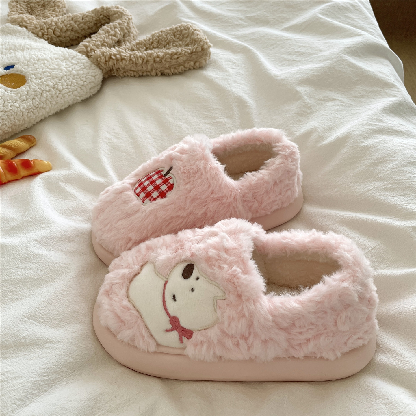 芝士苹果狗~！可爱ins包跟毛毛棉鞋女居家保暖冬季厚底加绒棉拖鞋,淘宝优惠券,粉丝福利购,淘宝优惠卷