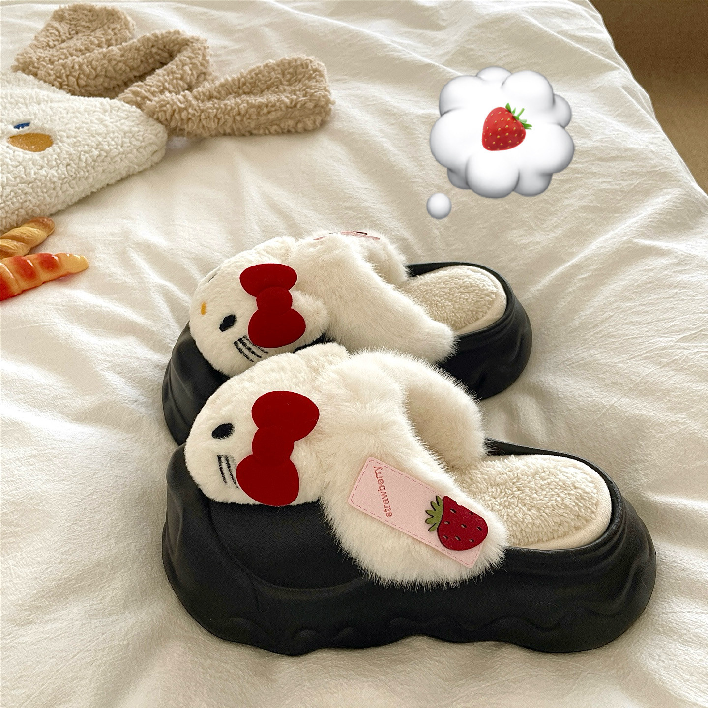 可拆清洗~！草莓kt猫可爱厚底保暖棉拖鞋女加绒增高外穿毛毛拖鞋,淘宝优惠券,粉丝福利购,淘宝优惠卷