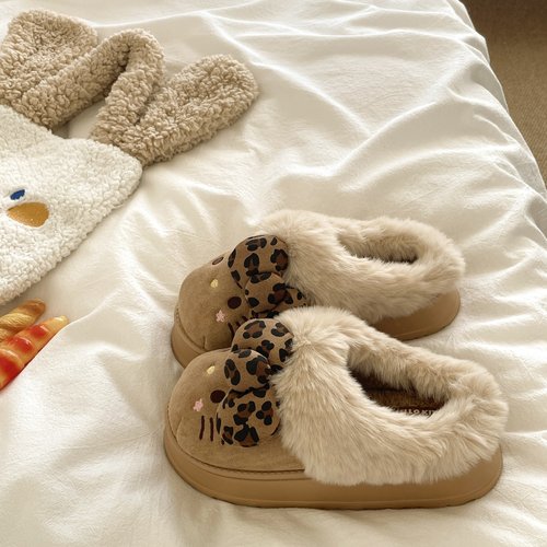 豹纹kt猫~！辣妹ins可爱包头棉拖鞋女加绒外穿厚底增高毛毛拖鞋潮 - 图3