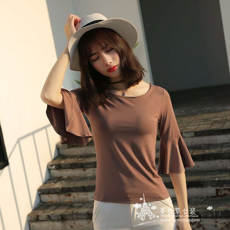 喇叭袖显瘦t恤女新款黑色圆领百搭上衣小众设计感女士洋气小衫秋