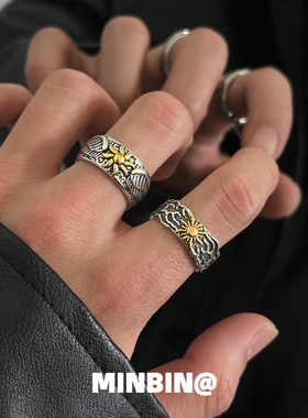 羽翼太阳花！个性涂鸦复古戒指
