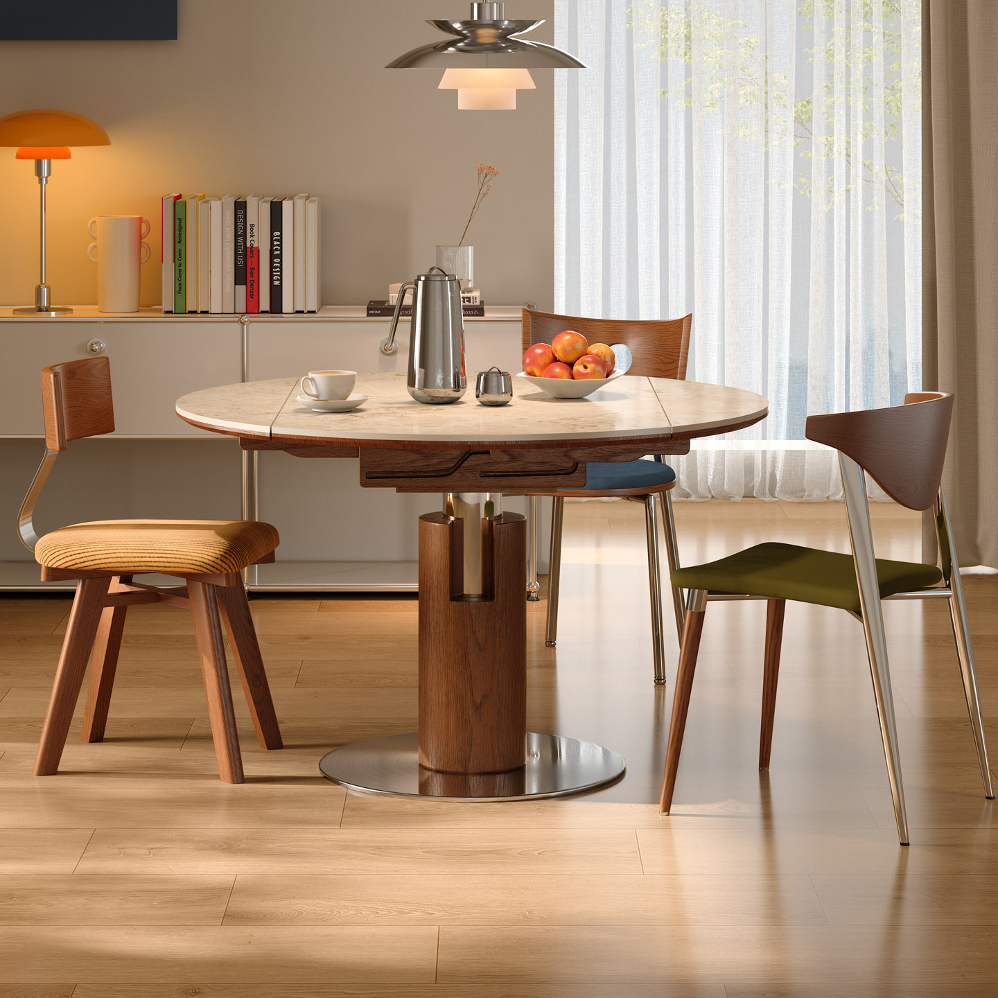 木小咖可伸缩折叠实木洞石岩板餐桌圆形中古客厅家用小户型饭桌椅,淘宝优惠券,粉丝福利购,淘宝优惠卷