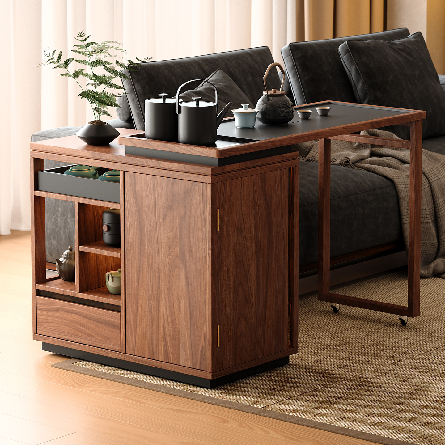 木小咖 云屿可移动茶桌家用小户型实木阳台茶台可伸缩茶水柜,淘宝优惠券,粉丝福利购,淘宝优惠卷