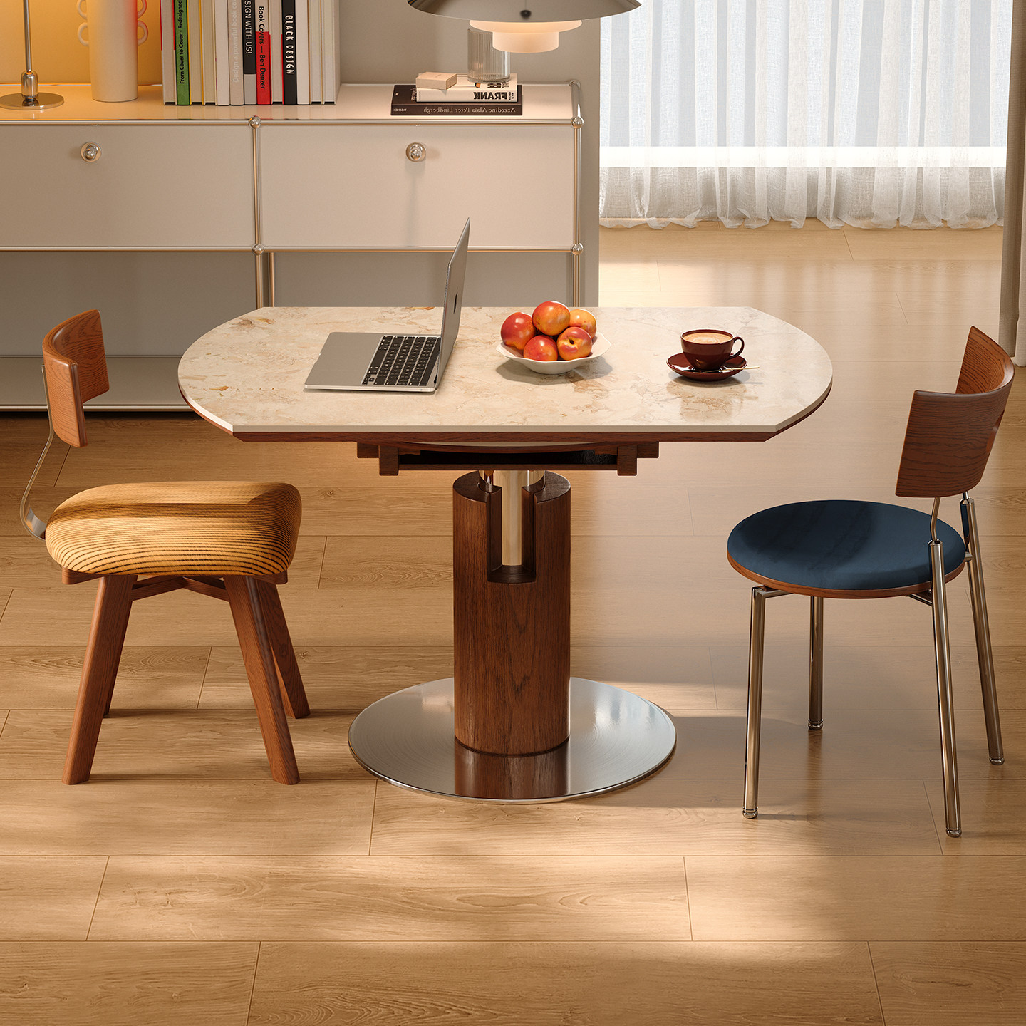 木小咖可伸缩折叠实木洞石岩板餐桌圆形中古客厅家用小户型饭桌椅,淘宝优惠券,粉丝福利购,淘宝优惠卷