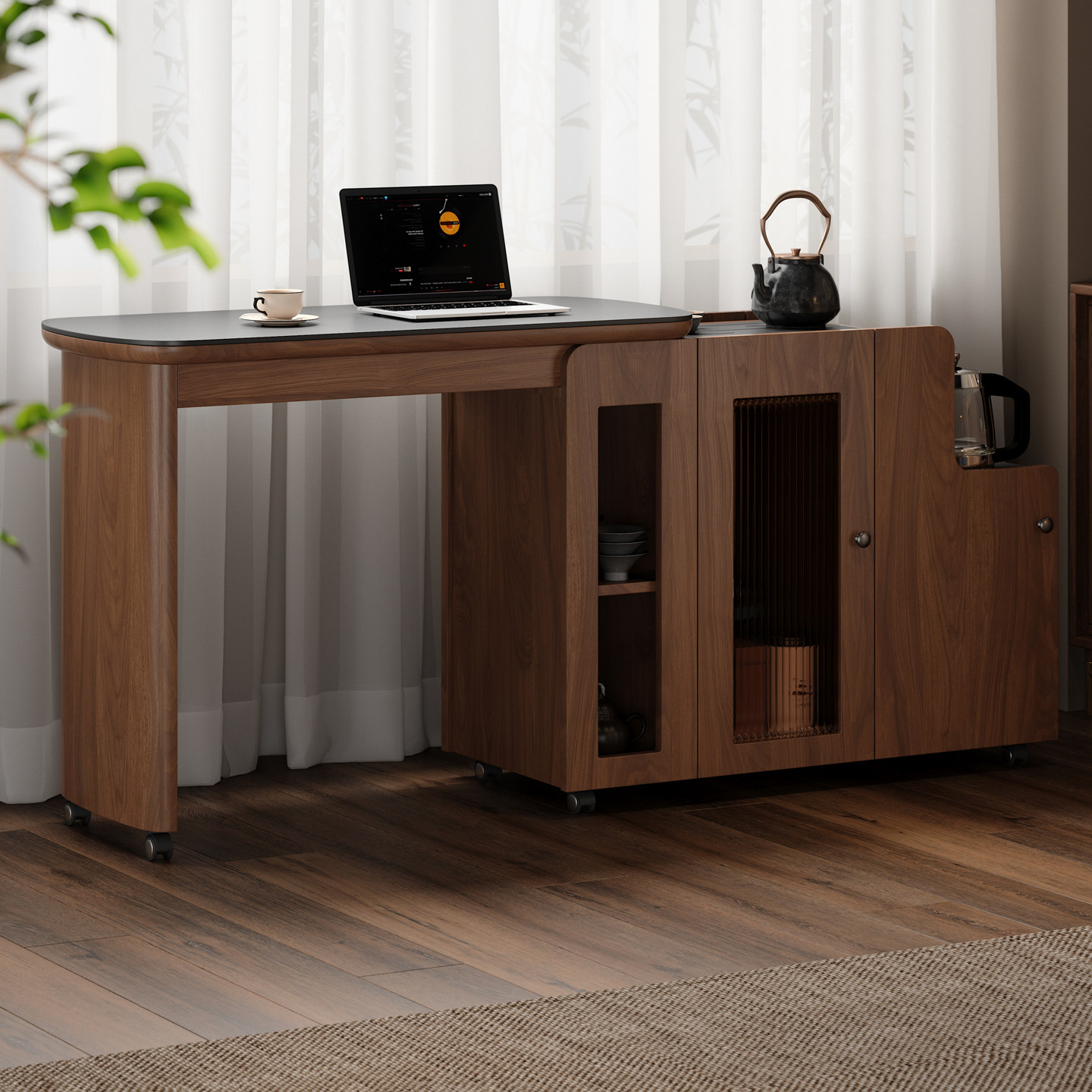 木小咖 溪缘移动实木茶桌家用阳台茶水柜可伸缩茶台桌椅组合,淘宝优惠券,粉丝福利购,淘宝优惠卷