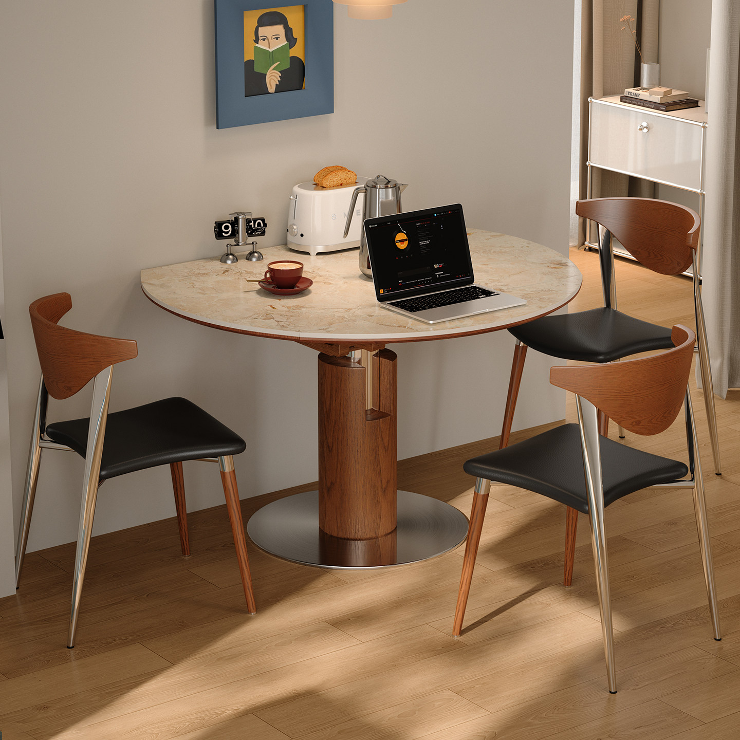 木小咖可伸缩折叠实木洞石岩板餐桌圆形中古客厅家用小户型饭桌椅,淘宝优惠券,粉丝福利购,淘宝优惠卷