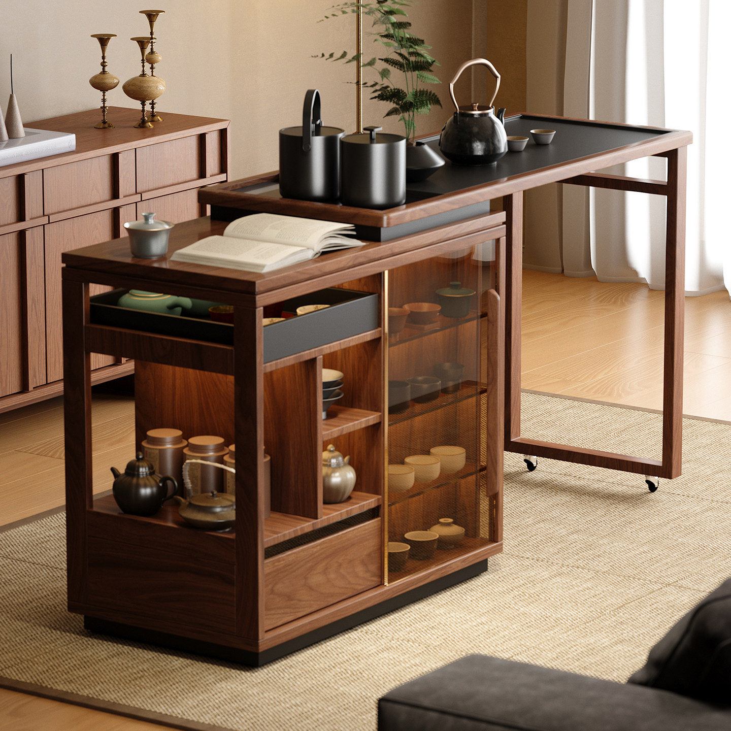 木小咖 云屿可移动茶桌家用小户型实木阳台茶台可伸缩茶水柜,淘宝优惠券,粉丝福利购,淘宝优惠卷