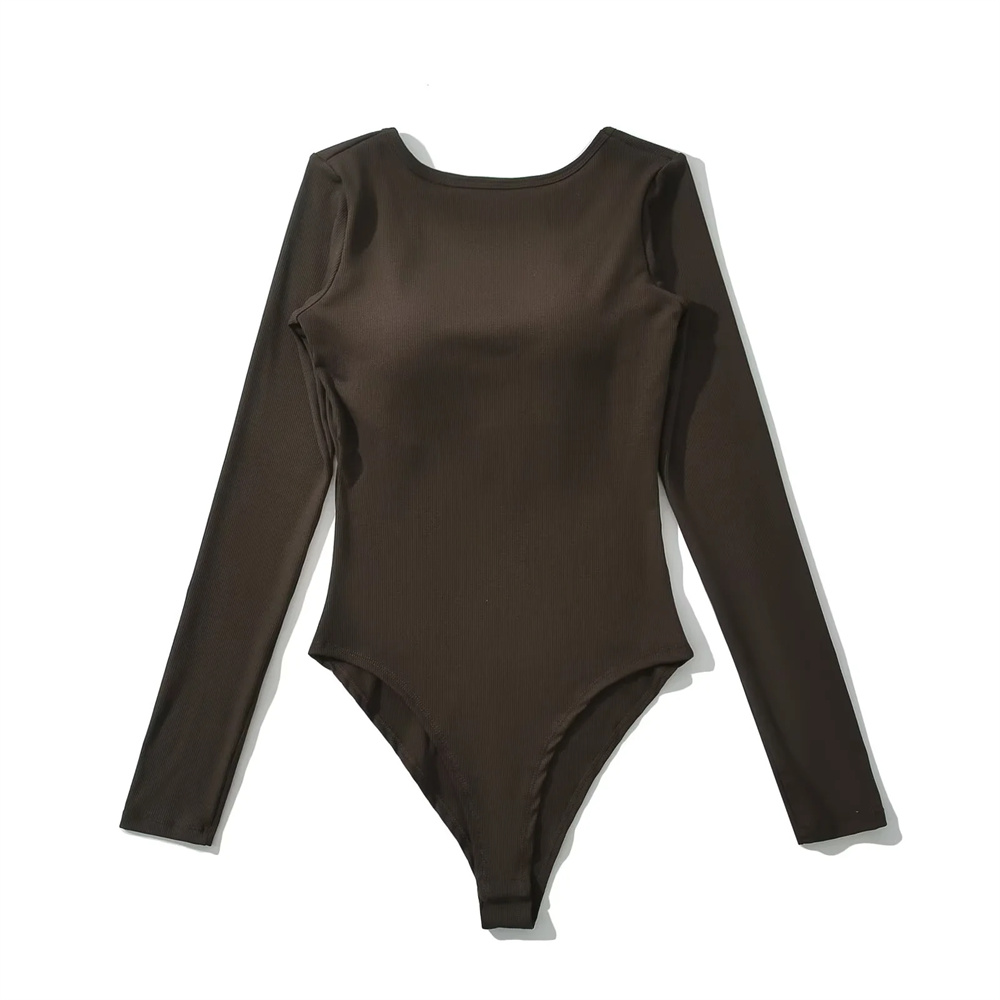 辣妹大露背长袖连体衣女春秋季修身性感带胸垫连衣打底衫连裆上衣 - 图2