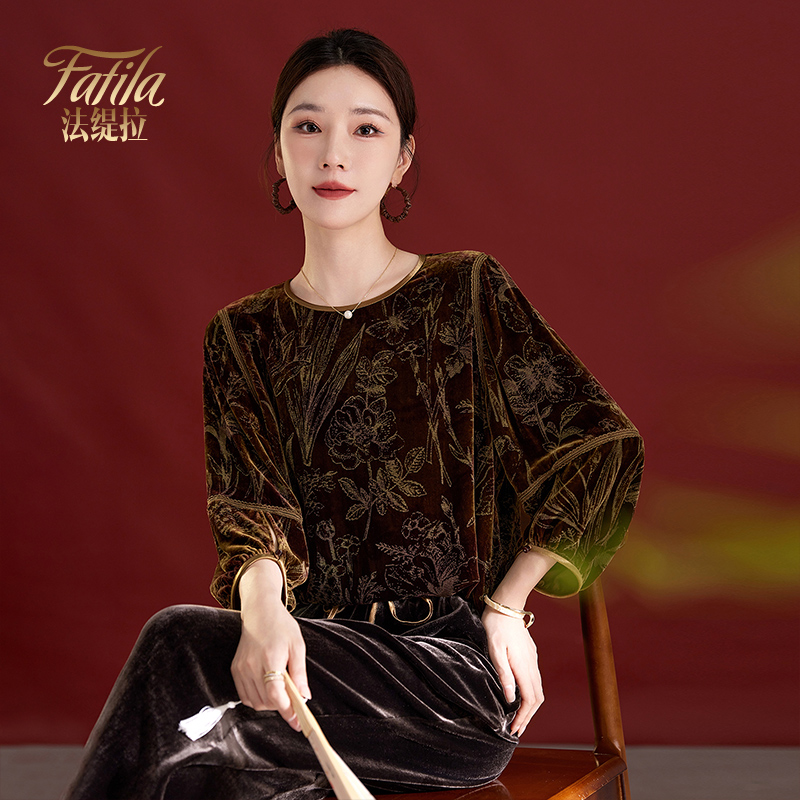 高端真丝丝绒上衣女长袖秋装新款洋气中老年妈妈装桑蚕丝洋气小衫 - 图2