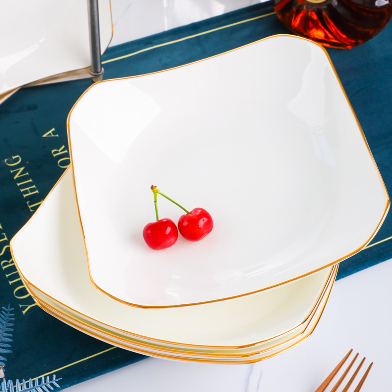 盘子菜盘家用骨瓷方形碟子金边深盘套装4个北欧网红盘子组合创意 - 图2