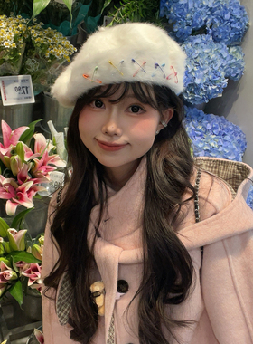 可爱甜美兔毛毛绒绒贝雷帽女保暖
