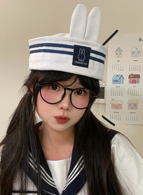 可爱条纹海军风米菲帽子女夏圆顶