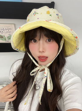 渔夫帽出游甜美女夏碎花双面盆帽