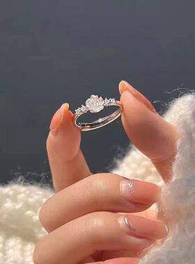 山茶花小众设计戒指女玫瑰水晶高级感开口戒浪漫气质指环甜美女款