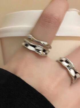 时尚棋盘单双层几何开口戒指女银色金属个性指环两件套时尚戒指
