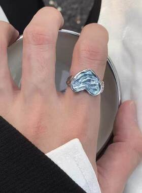 轻奢小众蓝色不规则几何开口戒指女金属指环高级感爱心简约风个性
