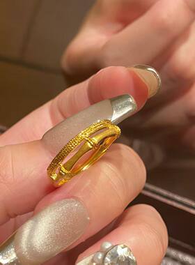 小众设计师双层一体拉丝竹节戒指女金色星钻食指戒拉丝工艺时尚款