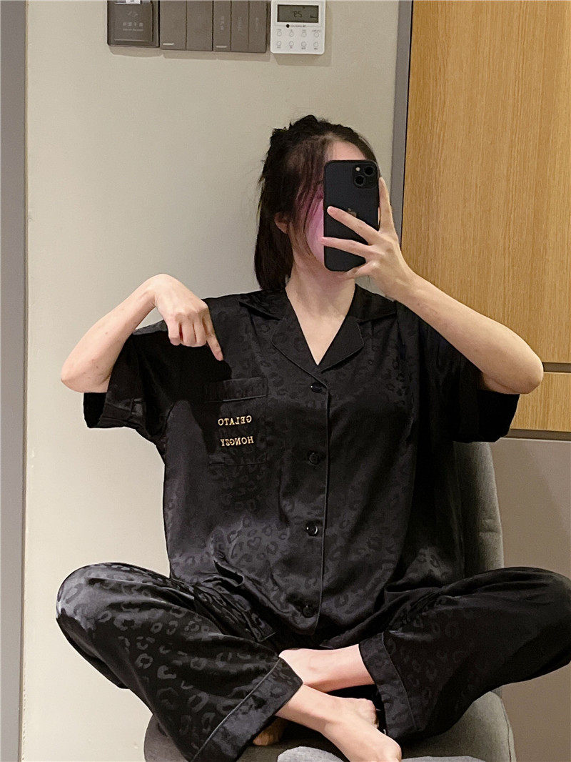 春夏短袖情侣睡衣薄款仿真丝豹纹家居服开衫冰丝大码200斤套装女,淘宝优惠券,粉丝福利购,淘宝优惠卷