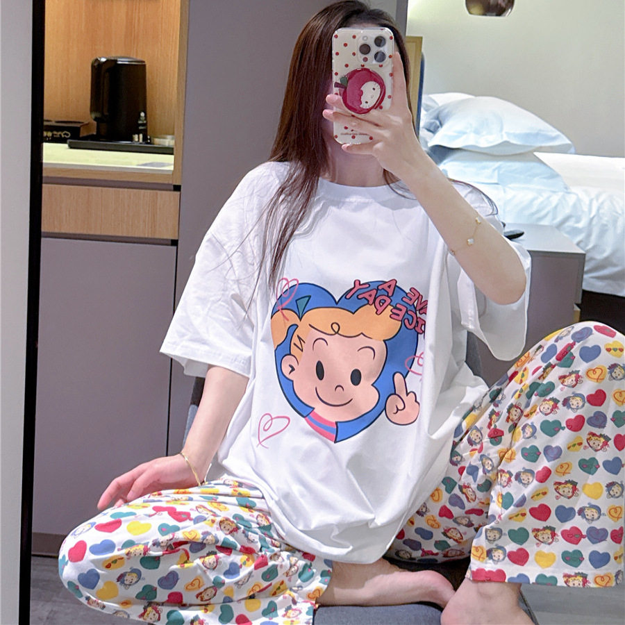 日系短袖睡衣女纯棉原田治女孩印花家居服大码胖mm200斤长裤套装,淘宝优惠券,粉丝福利购,淘宝优惠卷