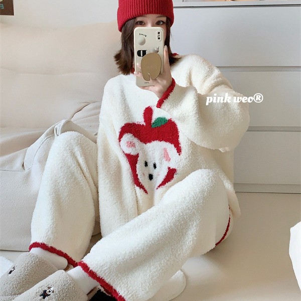 慵懒睡衣女苹果卡通狗狗软绵绵家居服宽松大码保暖加厚半边绒套装 - 图1