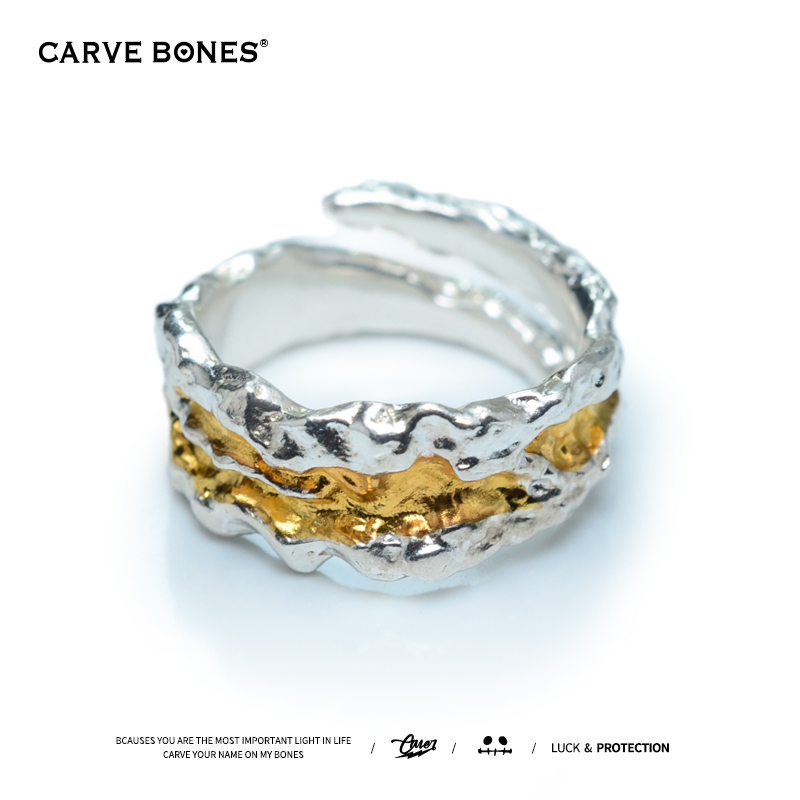 CARVE BONES刻骨原创设计情侣对戒个性960银冰山熔岩纹包金戒指 - 图0