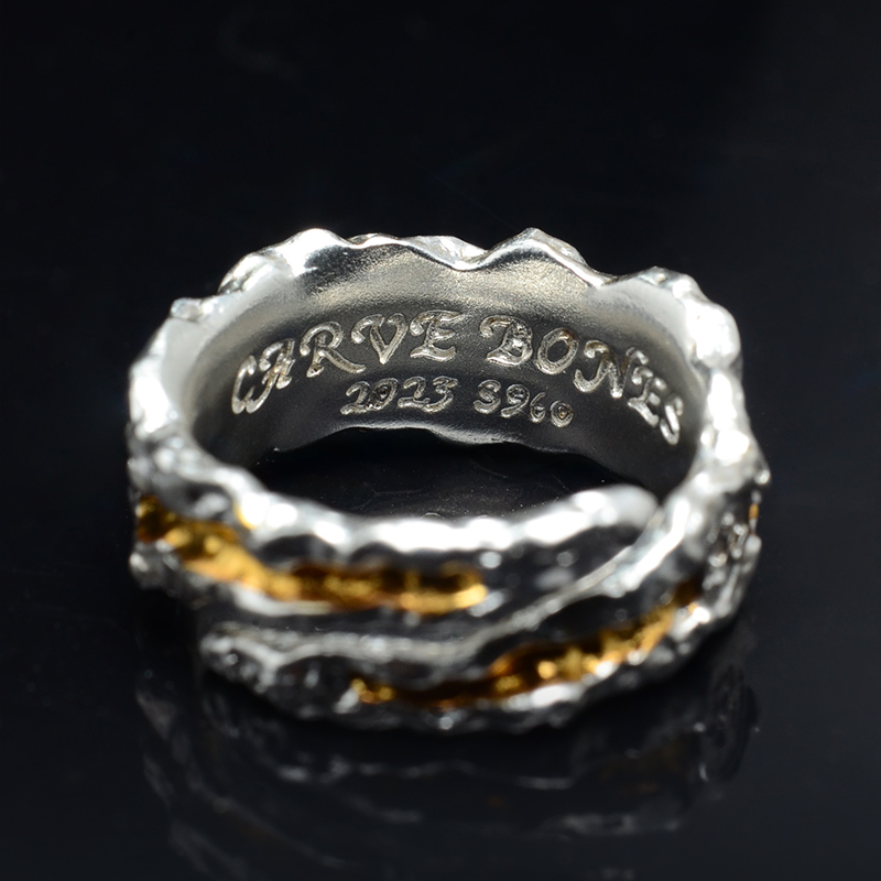 CARVE BONES刻骨原创设计情侣对戒个性960银冰山熔岩纹包金戒指 - 图1
