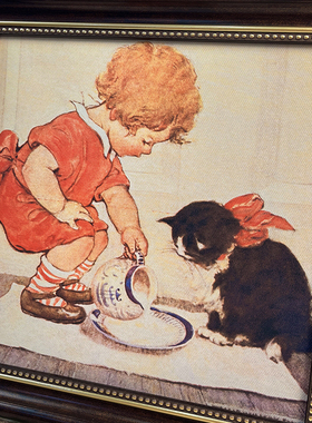 猫和小女孩人物油画装饰画摆件