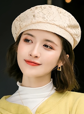 网红春秋季蕾丝贝雷帽女日系秋冬