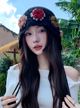 秋冬复古花朵流苏套头帽女民族风