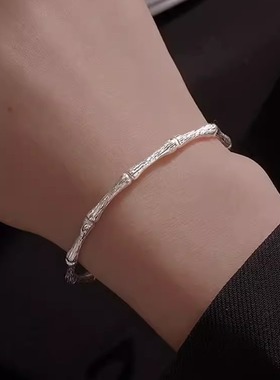 S925银竹节手镯上岸男女手环亮银复古做旧简易小众开口可调节设计